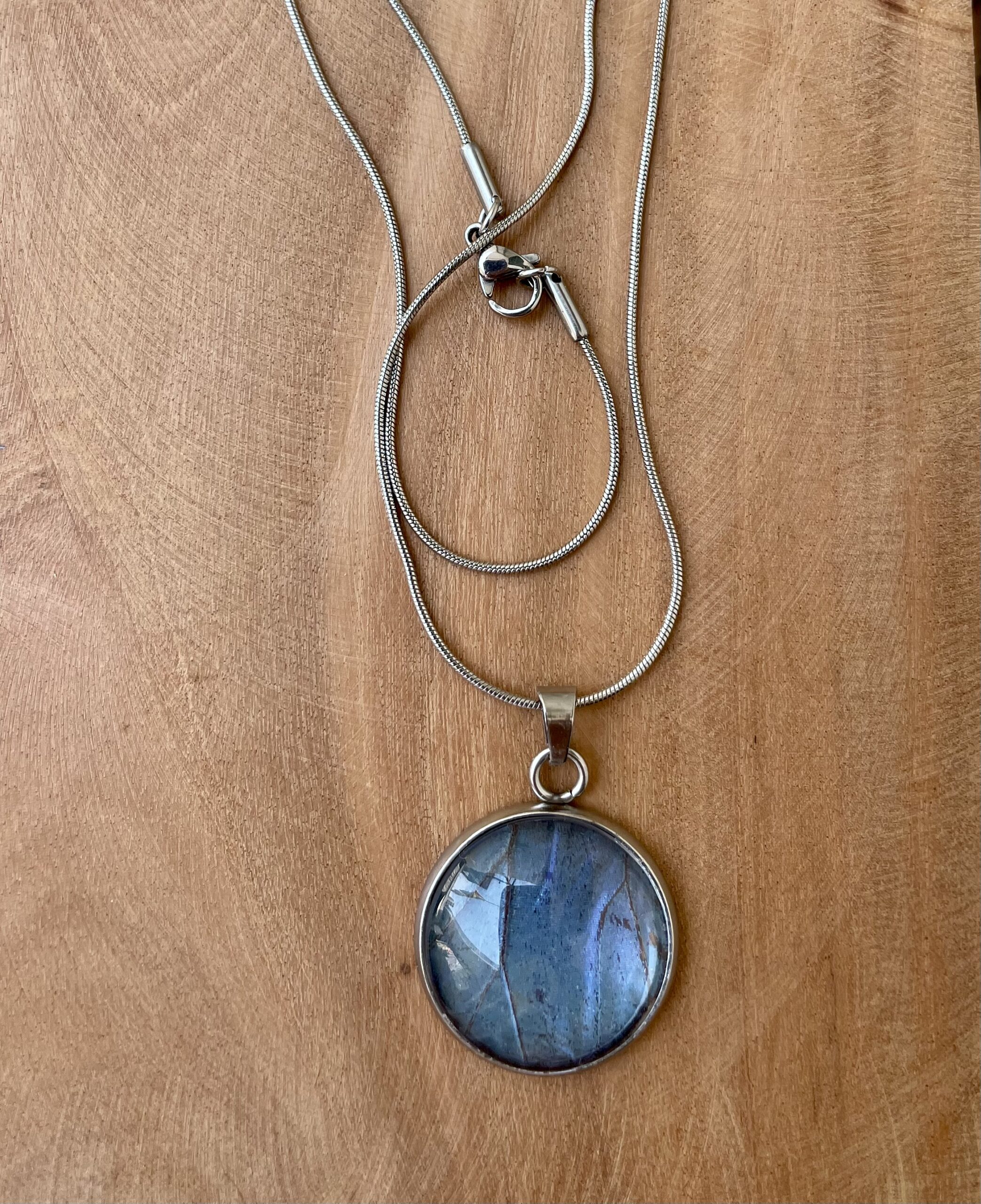 Stainless Steel Glass Blue Morpho necklace